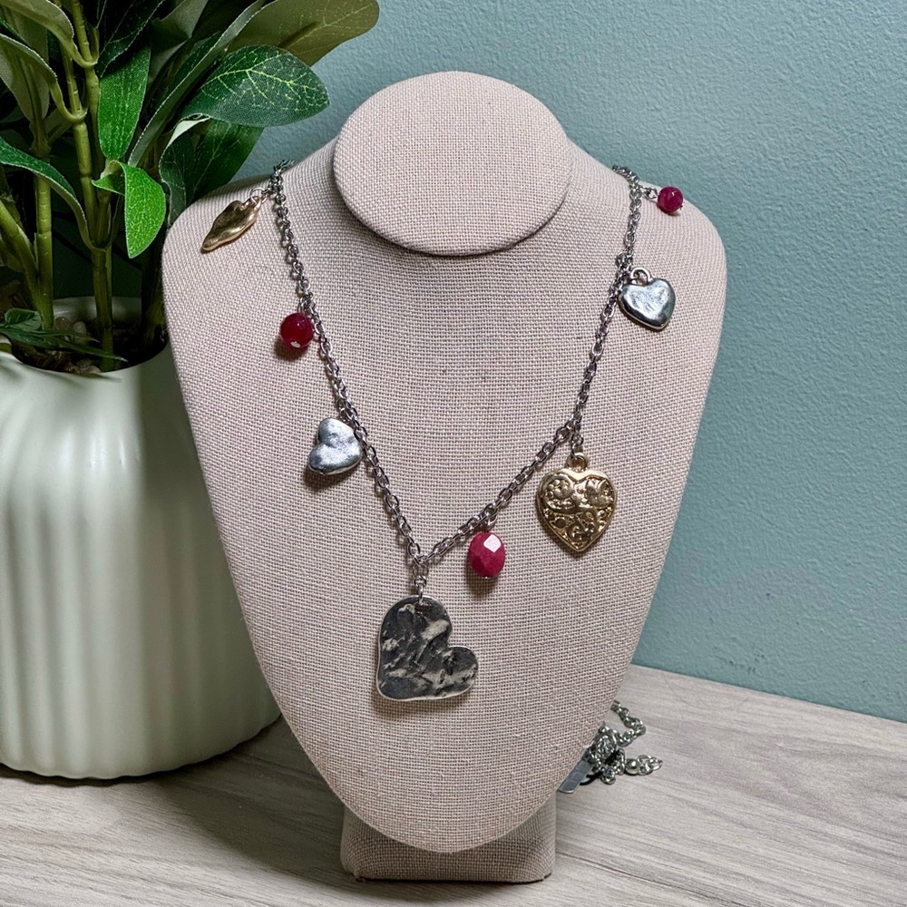 Chico’s Lex Multi Tone and Texture Heart Necklace with Red Beads